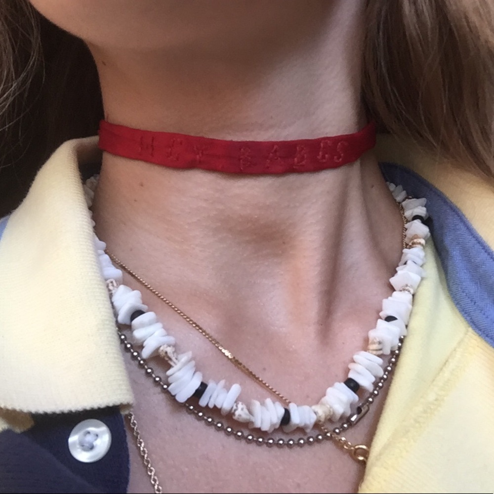 Custom hand sewn “hey babes” silk red choker